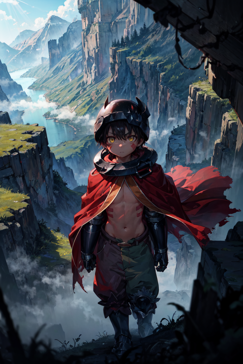 masterpiece,best quality,1boy,regu (made_in_abyss),black hair,yellow eyes,helmet,(red cape),facial mark,pants,standing,fog...